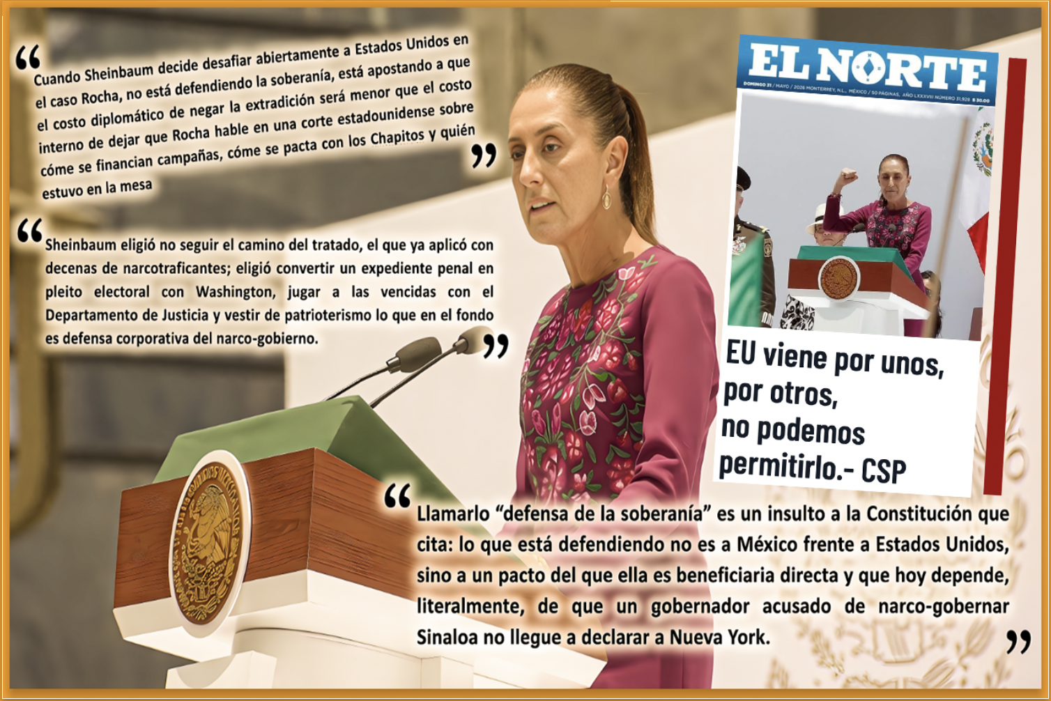 «NARCO y SOBERANÍA el ESCUDO IM_PERFECTO: SHEINBAUM VISTE de PATRIOTERISMO 10 NARCOMORENOS para JUGAR a las VENCIDAS con EE.UU usando la CAPA que TODO TAPA»…para que acusado de narco-gobernar Sinaloa no llegue a declarar a Nueva York.