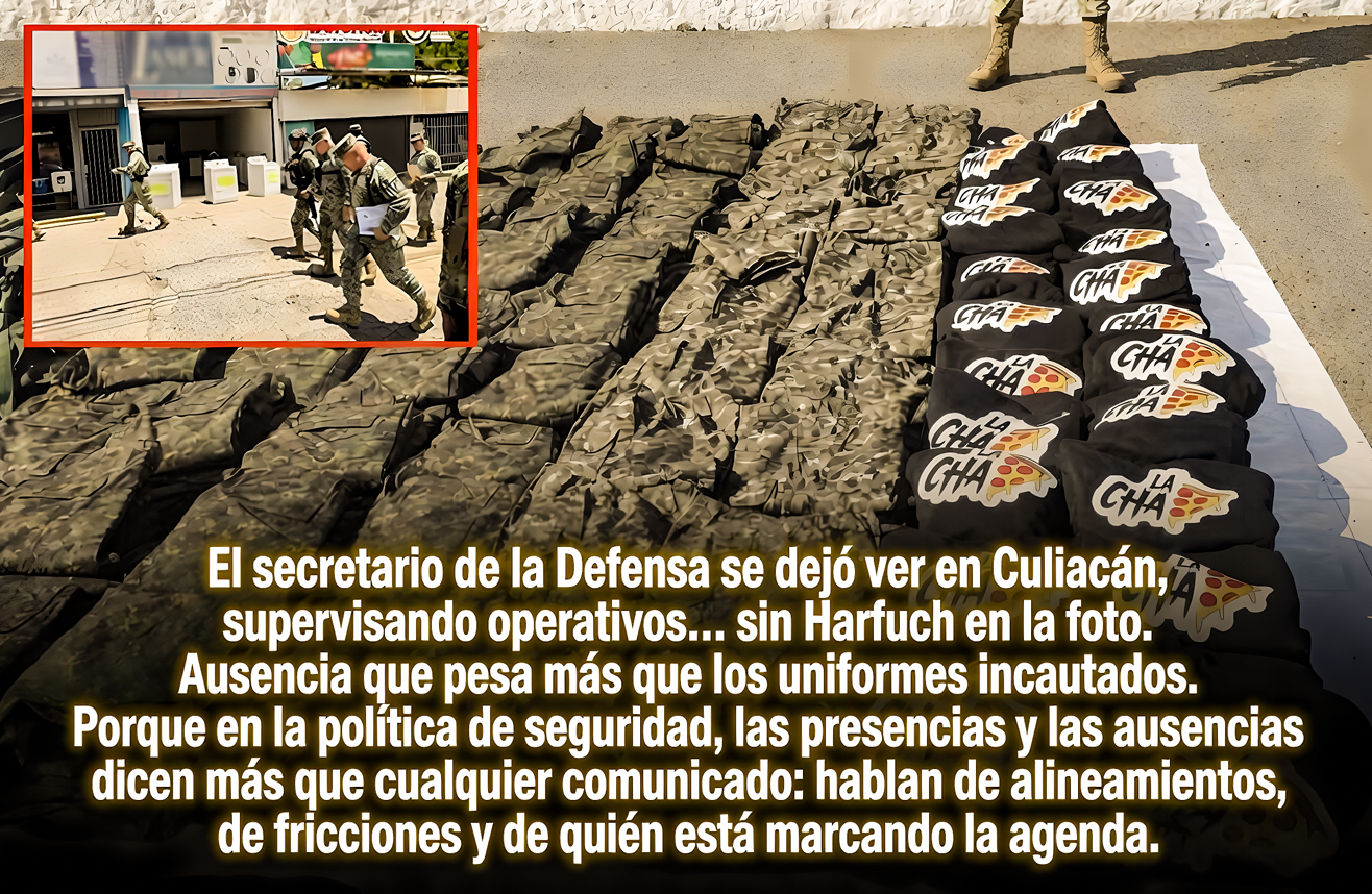 LOS «PUROS UNIFORMES: GLORIFICAN GOLPAZO TEXTIL a la CHAPIZA y SECRETARIO de DEFENSA VA a CULIACAN SIN HARFUCH»…mucho ayuda el que no estorba.