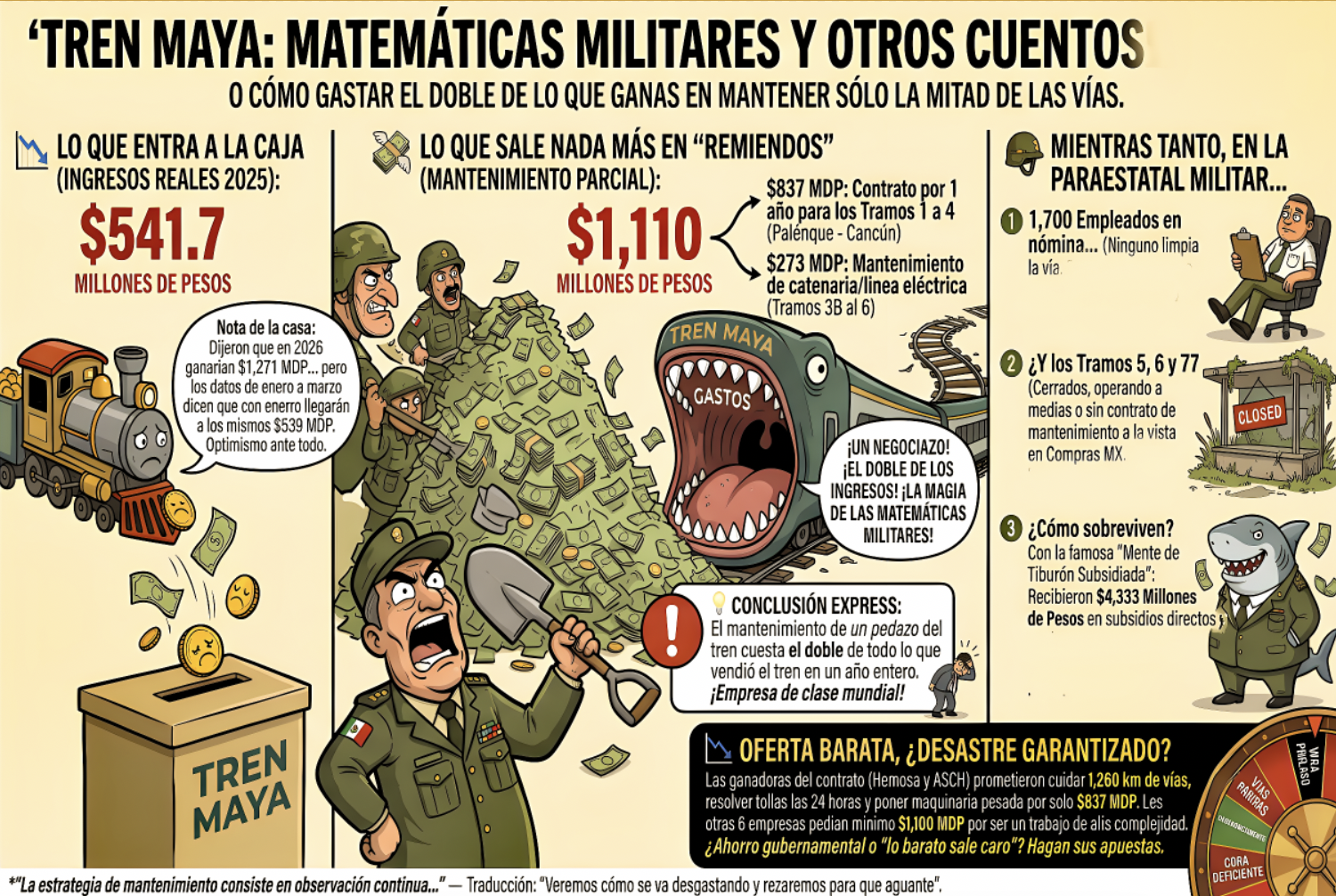 «VOCACION EMPRESARIAL de MILITARES GASTA el DOBLE de lo que GANAN para MANTENER el FABULOSO TREN MAYA»…el equivalente de tirar dinero a la basura.
