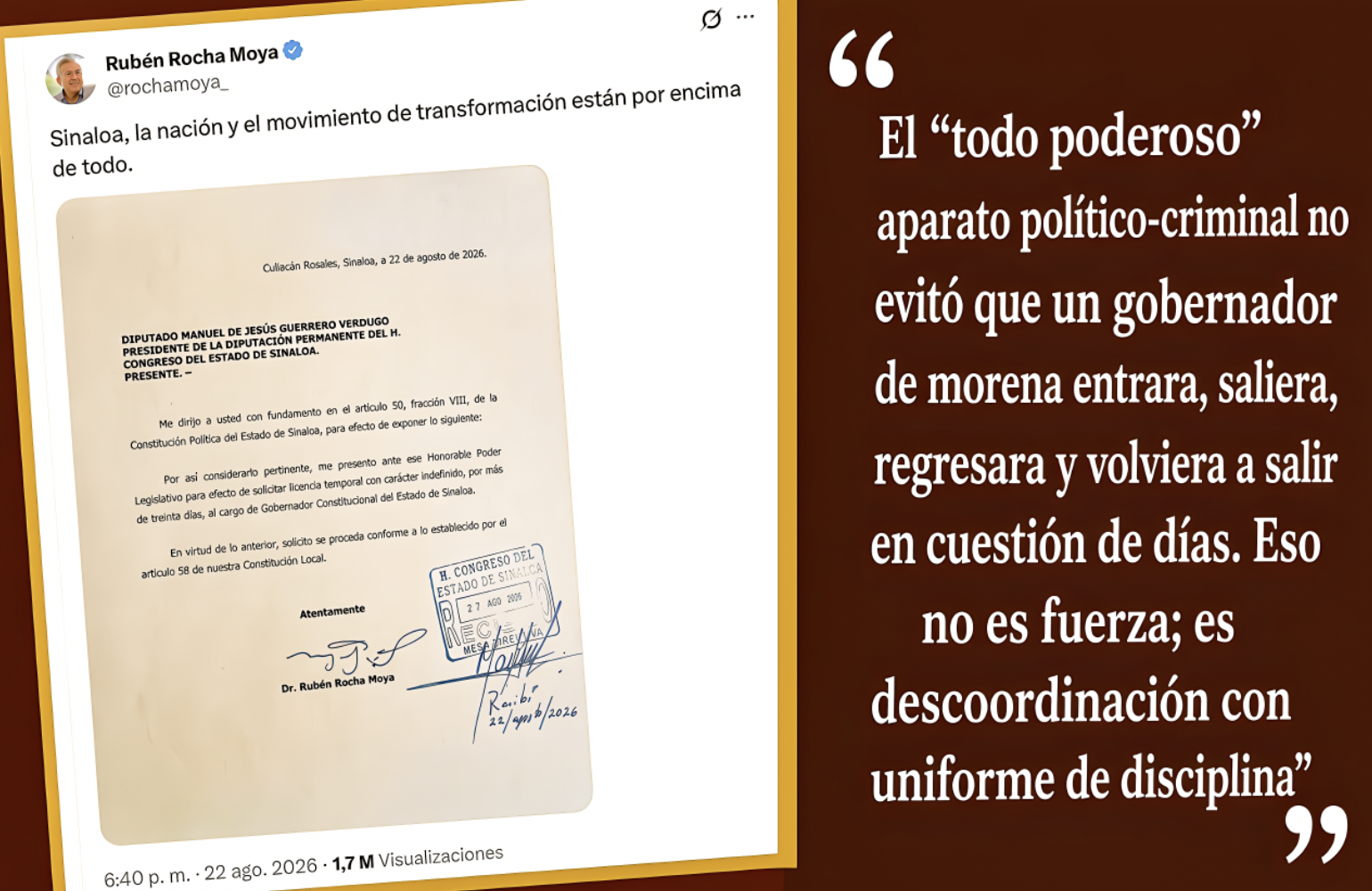 “DEBÍA ser RENUNCIA: ROCHA CONVIRTIÓ en PUERTA GIRATORIA su OPERACIÓN POLÍTICO-CRIMINAL MAL CALCULADA”… Morenos de conciencia prieta siguen poniendo en aprietos la gobernanza del país.