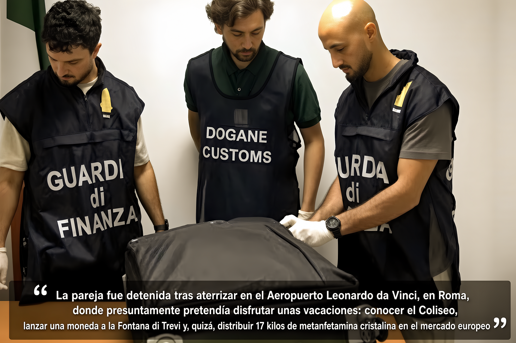 EL “VIAJE ROMÁNTICO a ROMA”: VOLARON de MONTERREY, PERO NO IBAN LIGEROS y FUERON ATRAPADOS en ITALIA con 17 KILOS deE METANFETAMINA en la MALETA…la Policía Financiera no estaba incluida en el tour.