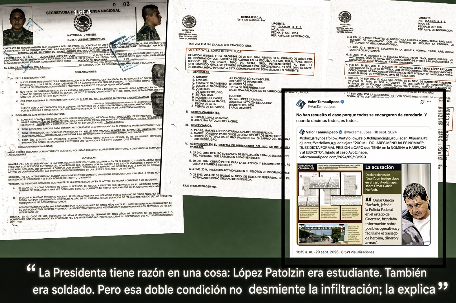 “PRESIDENTA se PELEA con DOCUMENTOS del EJÉRCITO que EXHIBEN SOLDADO INFILTRADO en AYOTZINAPA”… narcos pagaban al 27 Batallón y el federal Harfuch «decente» estaba en la nómina.