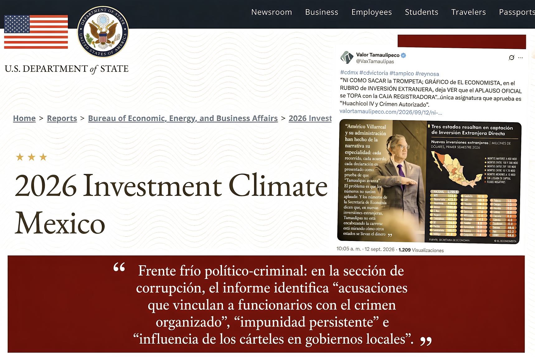 «NUBARRONES de CORRUPCIÓN y RACHAS de IMPUNIDAD: INFORME 2026 de EE. UU. del CLIMA de INVERSIÓN EXTRANJERA advierte FRENTE FRÍO POLÍTICO-CRIMINAL»…y Tamaulipas es un mal ejemplo.