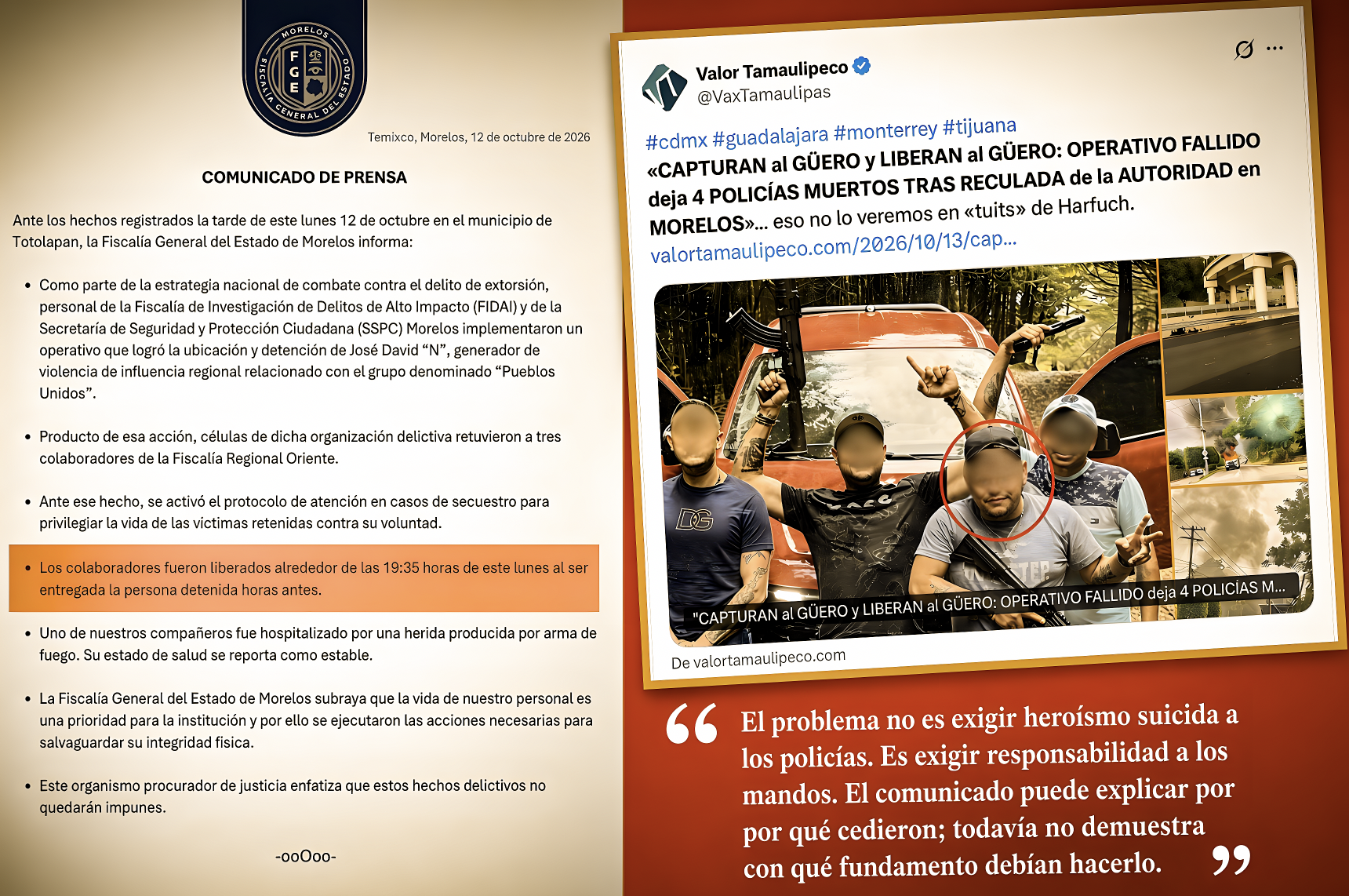 «NARCOS los DOBLARON: FISCALÍA CONFIESA en COMUNICADO VIOLAR la LEY al LIBERAR LUGARTENIENTE a CAMBIO de POLICÍAS»… así le mandan decir al crimen cuál es la fórmula mañosa.