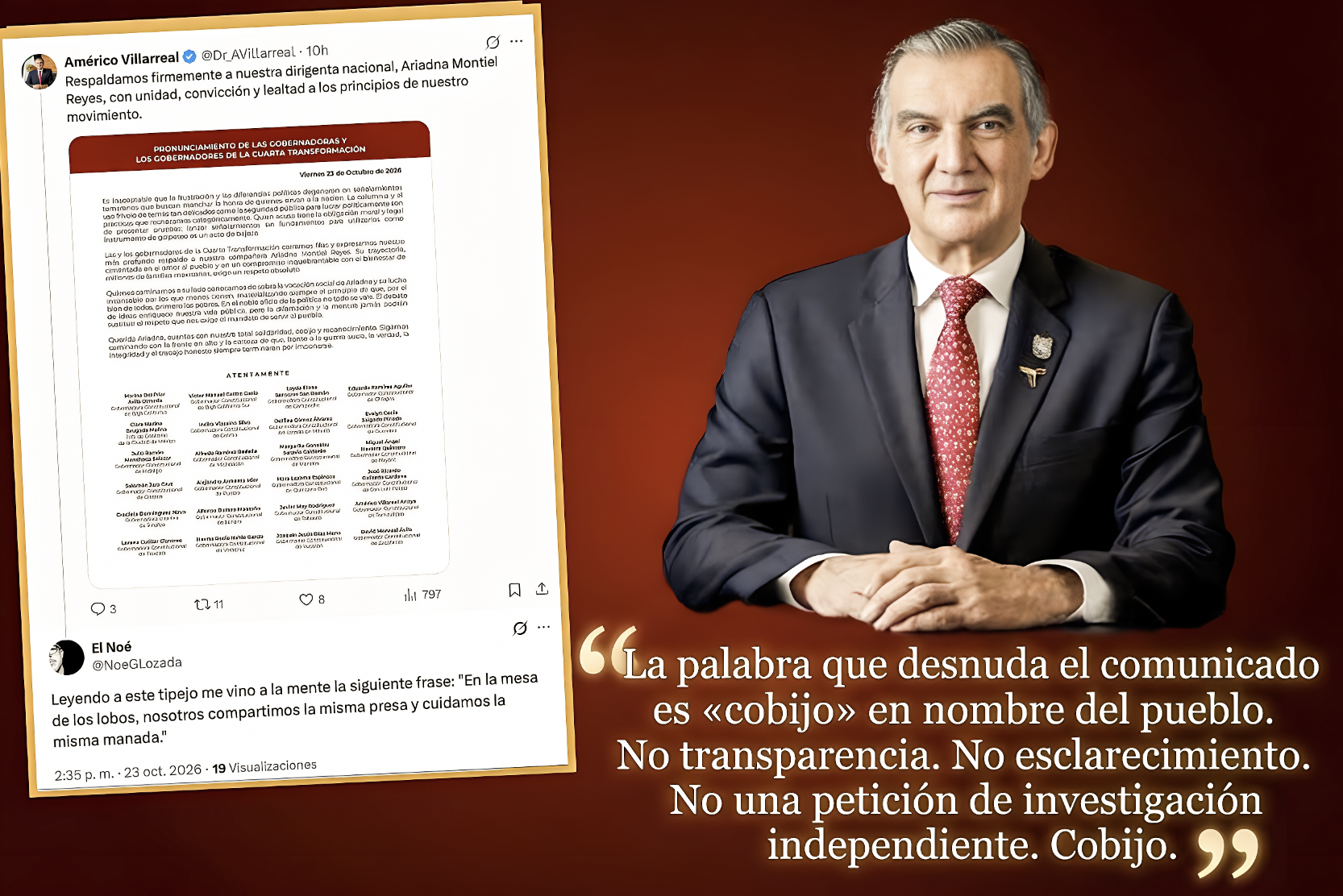 LA «COSA NOSTRA y NUESTRA COSA: la ACUSAN de estar LIGADA al NARCO y AMÉRICO, con otros 23 GOBERNADORES y GOBERNADORAS, la ARROPAN con una CARTITA»… al estilo de la mafia italiana.